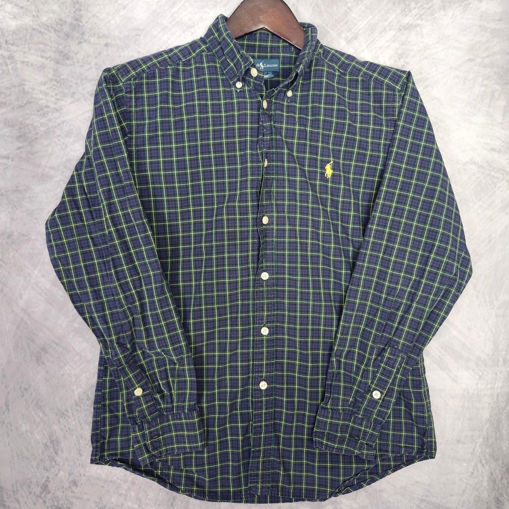 Ralph Lauren Plaid Button Down Shirt Boys Large 14-16 Green Navy Yellow Pony L
